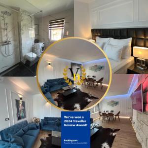 un collage de un dormitorio y una sala de estar en Daphne Luxe Retreat -Sea View-King size bed- en Supetar