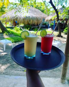 two cocktails on a black tray with at Eco Hotel Las Palmeras in Isla Grande