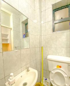 La salle de bains est pourvue de toilettes, d'un lavabo et d'un miroir. dans l'établissement Executive fully furnished one bedroom -tsavo kiambu, à Kiambu