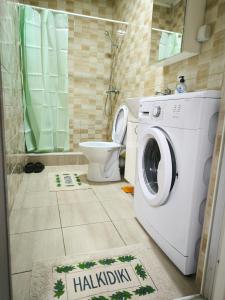 a bathroom with a washing machine and a toilet at Ristevski Apartment in Bitola