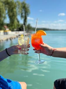 two people holding drinks in their hands near the water at Világos Hotel Balatonvilágos in Balatonvilágos