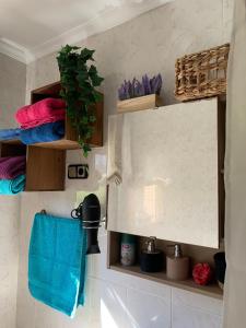 ein Badezimmer mit Holzregalen und einem blauen Handtuch in der Unterkunft El Hoyaco in Los Espejos de la Reina