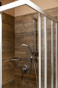 a shower in a bathroom with a wooden wall at Chalet Da Florin in Livigno