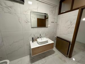 a white bathroom with a sink and a mirror at Sunny Hill Apartment in Ilirska Bistrica +74 photos