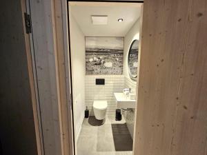 bagno con servizi igienici, lavandino e quadro. di Bio Design Appartements DAS GRAUE SCHAF - Kärnten Card im Sommer inklusive a Bad Kleinkirchheim Altre 37 foto
