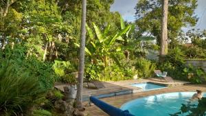 - une piscine dans un jardin avec une personne assise dans un hamac à côté dans l'établissement Ninho da Águia; Espetáculo da natureza, à Poços de Caldas