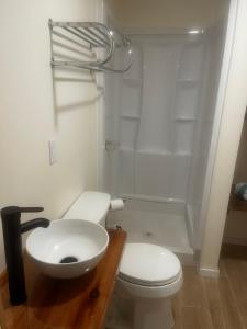 uma casa de banho com um WC, um lavatório e um chuveiro em Mercer Lake Resort and Private Beach em Florence