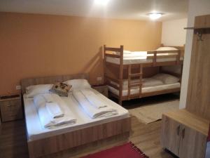 a bedroom with two bunk beds and a mirror at Apartments Izvor Lisine in Strmosten