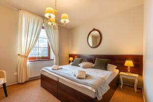 um quarto com uma cama grande e uma janela em Hotel Plumlov em Mostkovice