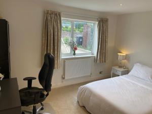 a bedroom with a bed and a chair and a window at Redcliffe View - Shared Homestay with Resident Show Dogs in Portishead