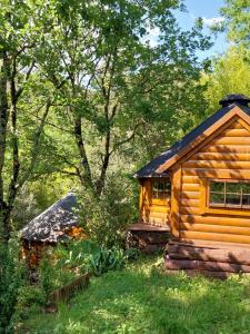 a log cabin in the middle of a forest at Natur'ânes in Mialet
