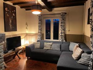 - un salon avec un canapé et une télévision dans l'établissement Gîte la Semois à Mouzaive Vresse sur Semois, à Vresse-sur-Semois