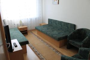 a living room with a green couch and a chair at ŠD Jedlíkova 5 in Košice