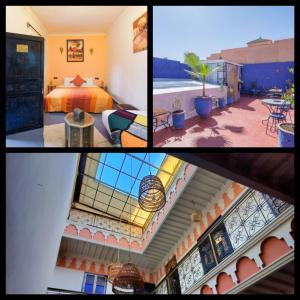 uma colagem de três fotos de um quarto de hotel em RIAD MAMAHOUSE em Marrakech