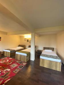 a room with three beds and a rug at 18 Soesunn in Māngwa