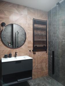 Un baño con lavabo, espejo y ducha. en Apartamenty przy Starówce, en Zamość