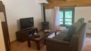 a living room with a couch and a tv at Zara Villanúa in Villanúa