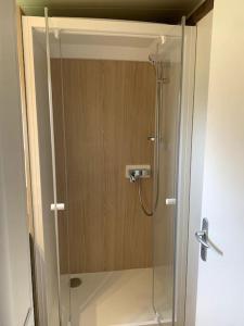 a shower with a glass door in a bathroom at Le gîte de la vallée en baie in Mons-Boubert