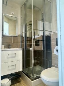 a bathroom with a shower and a toilet and a sink at Le Clos Normand in Saint-Aubin-sur-Mer