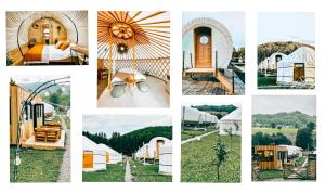 uma colagem de imagens de diferentes tipos de tendas em Glamping Spiritul Zimbrului em Vama Buzaului