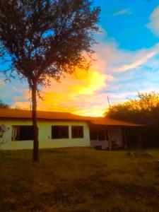 a house with a tree in front of a sunset at La Haciendita Hostel in Humahuaca