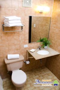 a bathroom with a toilet and a sink and a mirror at Parador Boquemar in Boqueron