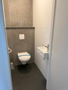 uma pequena casa de banho com WC e lavatório em Marina Strandbad Chalet Aan het Strand mit Zaun Haus Nr 133 em Olburgen