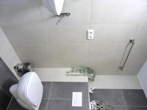 a bathroom with a toilet and a shower at Ferienwohnung MH1 "Blue Ocean" in Rostock