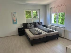 um quarto com uma cama e duas janelas em Waterkant em Lübz