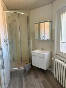 uma casa de banho com um chuveiro e um lavatório. em Waterkant em Lübz