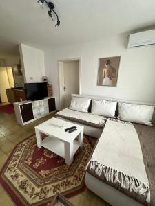 een woonkamer met een bank en een salontafel bij Day & Night Apartment in Ćuprija