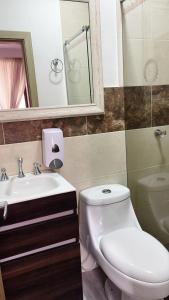 uma casa de banho com um WC, um lavatório e um espelho. em Hotel Plaza Real em Santa Rosa de Cabal