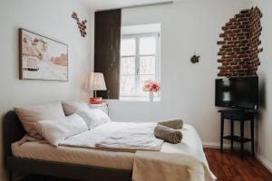 a bedroom with a bed and a tv and a window at Privat-Gästezimmer LA-Villa-Feeling in Landshut