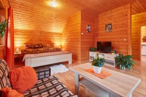 Habitación con cama y TV en una habitación de madera. en Apartmány Jánky, en Janske Lazne