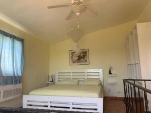 um quarto com uma cama e uma ventoinha de tecto em Rincon Andaluz em Santo Domingo