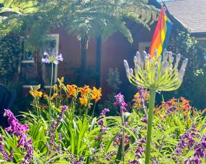 un jardín con una bandera de arco iris y flores en The Vine, Studio City en Los Ángeles
