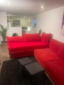 a red couch in a living room with a kitchen at gemütliches Einliegerapartment, 50 qm in Trippstadt
