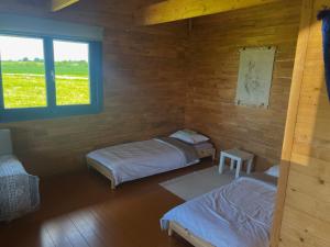 a room with two beds and a window at Vītolu dīķi - atpūtas mājiņas ar makšķerēšanu in Durbe
