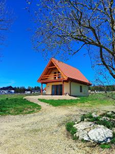 een klein huis met een oranje dak op een veld bij Domek w Lasówce in Lasowka