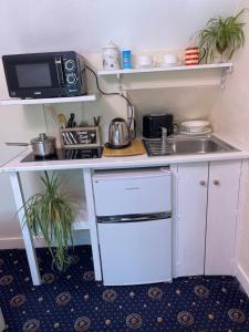 eine kleine Küche mit einer Spüle und einer Mikrowelle in der Unterkunft Estoril in Penzance