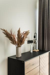 a black cabinet with a plant on top of it at Riverra House - Panorama View Apartment in Kaunas