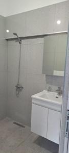 W łazience znajduje się biała umywalka i lustro. w obiekcie Vila LIKAJ w mieście Berat