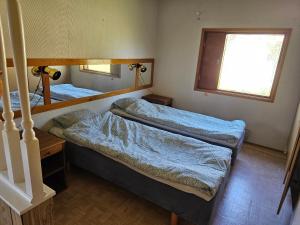 two twin beds in a room with a window at Sandmo Holiday Home 11 in Eckerö