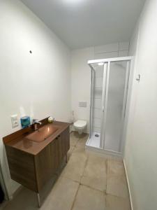 uma casa de banho com um chuveiro, um lavatório e um WC. em Hostel Linzer City em Linz