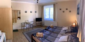 a living room with a couch and a tv at Vila Limba in Nový Smokovec