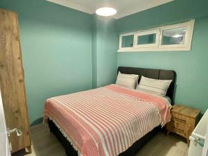 ein Schlafzimmer mit einem Bett mit einer gestreiften Decke in der Unterkunft Lavina Apartments in Istanbul