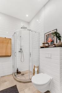 ein Badezimmer mit Dusche und Toilette in der Unterkunft Old town apartment Klaipėda free parking in Klaipėda + 27 Fotos