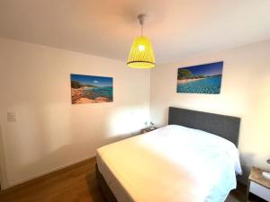 - une chambre avec un lit et une lampe pendant dans l'établissement Location T2 premium 44 m2 Cala rossa à 800 m de la plage, à Lecci