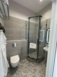 a bathroom with a shower and a toilet and a sink at Five Hotel in Astana