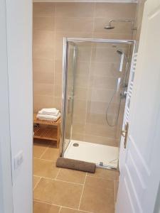 a shower with a glass door in a bathroom at Cassis Presqu'Ile Calanques 2 pièces neuf, 50 m2 in Cassis +12 photos